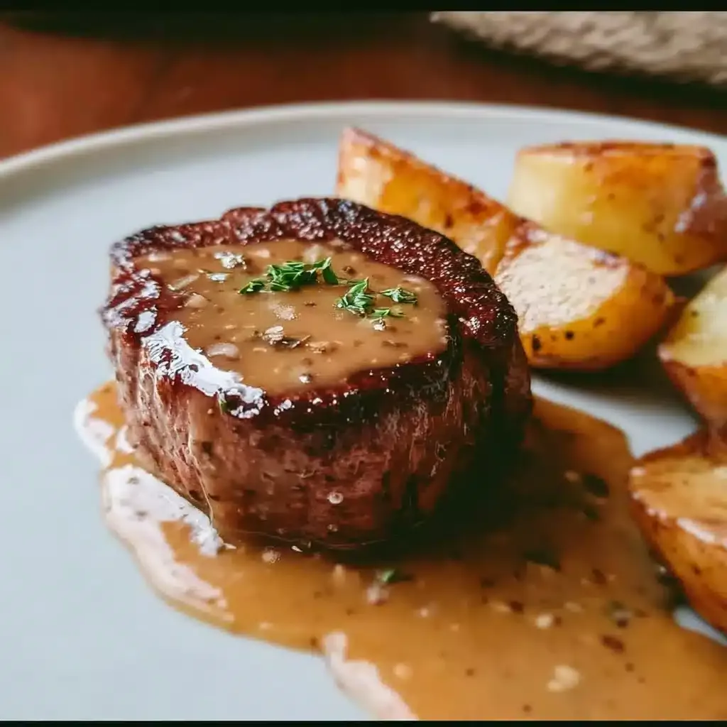 Filet Mignon avec sauce Foie Gras, un plat gourmet raffiné.