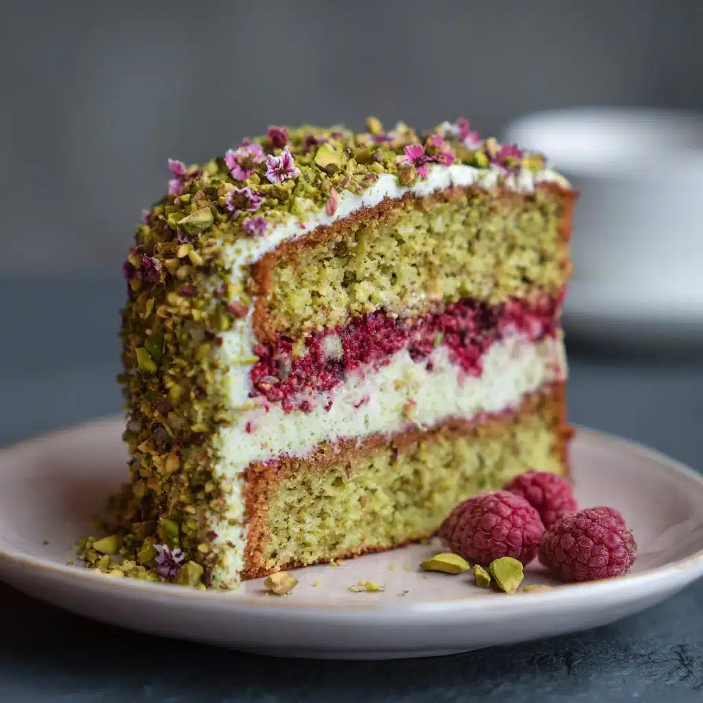 Gâteau céleste à la pistache et aux framboises 1 Gâteau céleste à la pistache et aux framboises, délicieusement décoré.