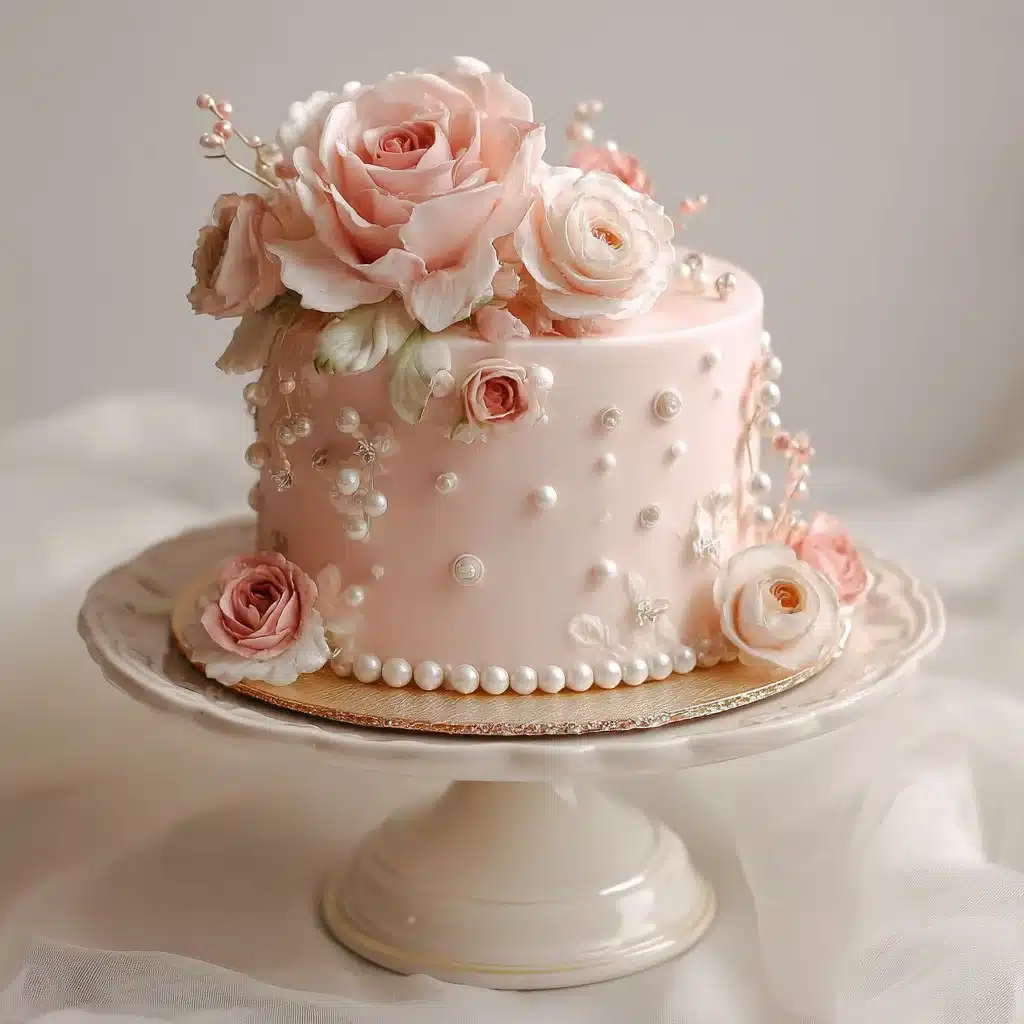 Gâteau de baptême rose poudré avec fleurs en sucre et perles, décoration élégante pour une fille.