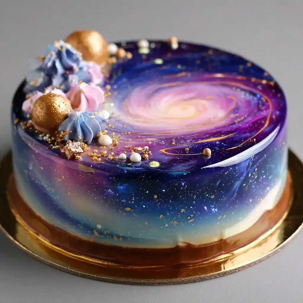 Gâteau Galaxy Miroir Glaze avec un glaçage miroir brillant et des décorations étoilées.