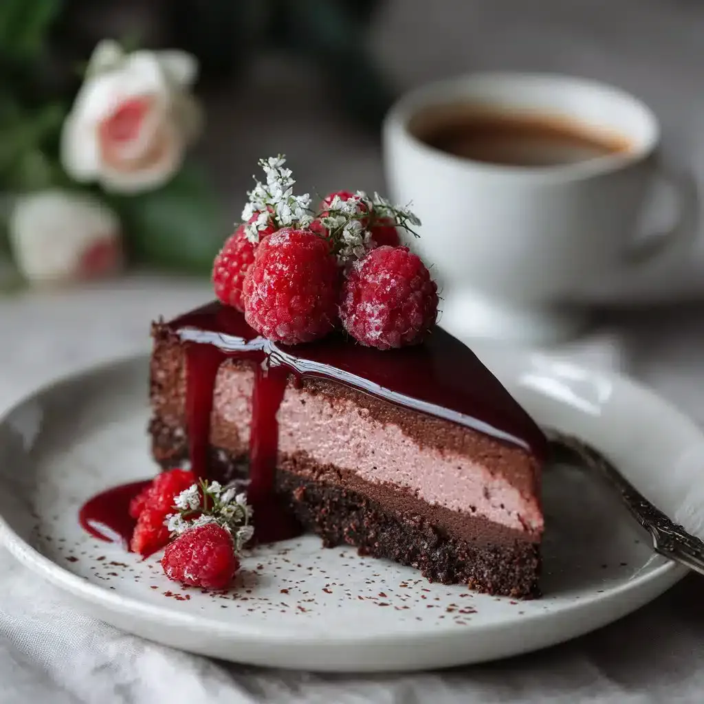 Gâteau Mousse Chocolat Noir Framboise garnie de framboises fraîches