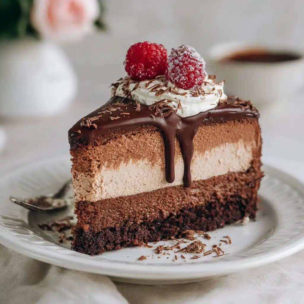 Gâteau mousse triple chocolat savoureux avec des couches de mousse au chocolat riche.