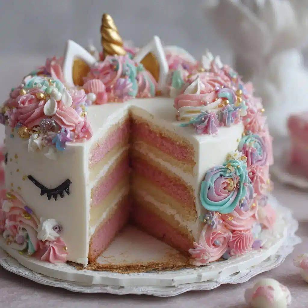 Gâteau licorne magique décoré avec des couleurs vives et une corne dorée