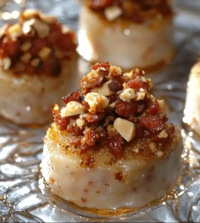 Médaillons de boudin blanc avec crumble de chorizo et noisettes, plat savoureux.