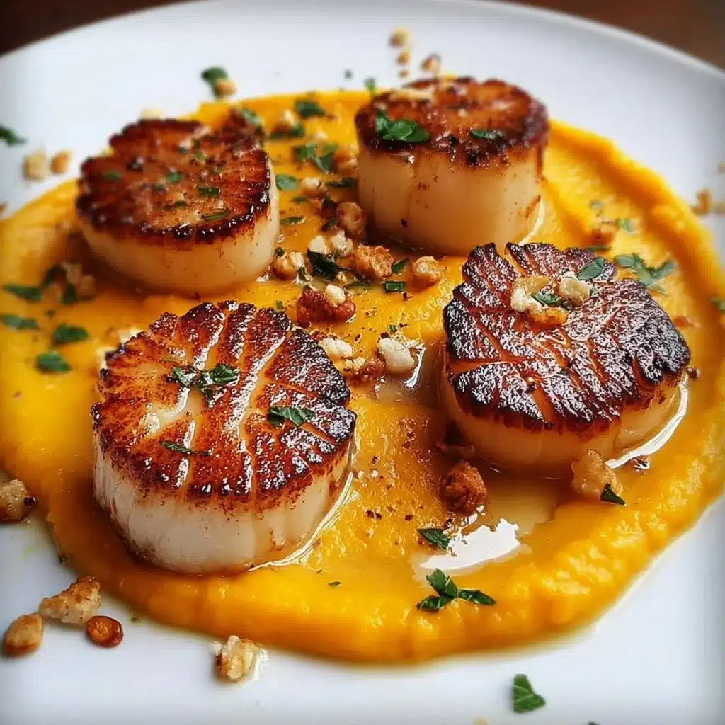 Noix de Saint-Jacques poêlées avec crème de butternut, plat gourmand et raffiné.