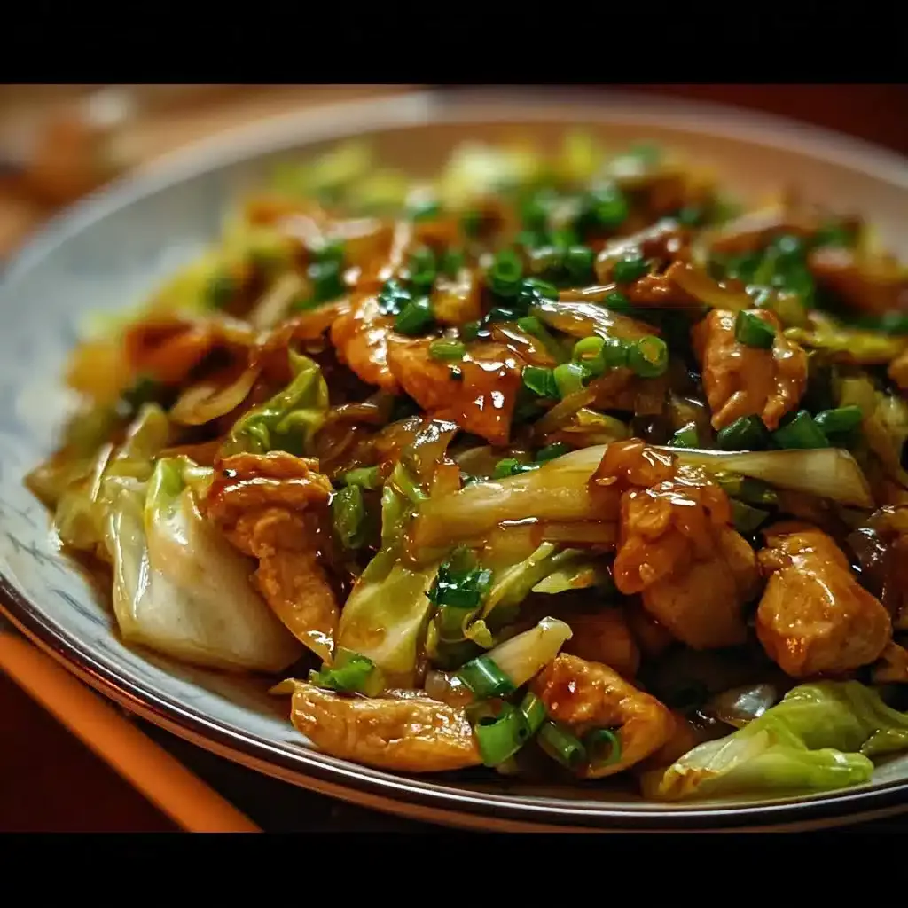 Poulet Chinois Sauté au Chou, un plat savoureux préparé avec des légumes frais.