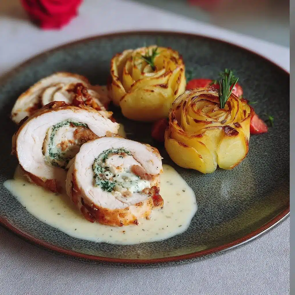Roulés de dinde farcis avec roses de pommes de terre, un plat délicieux