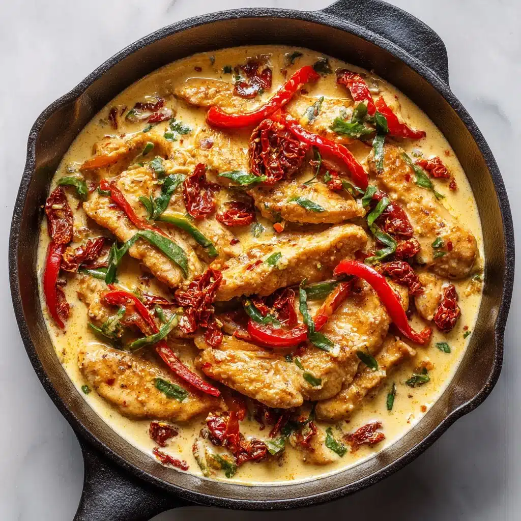 Aiguillettes de poulet crémeux aux piments doux et tomates confites