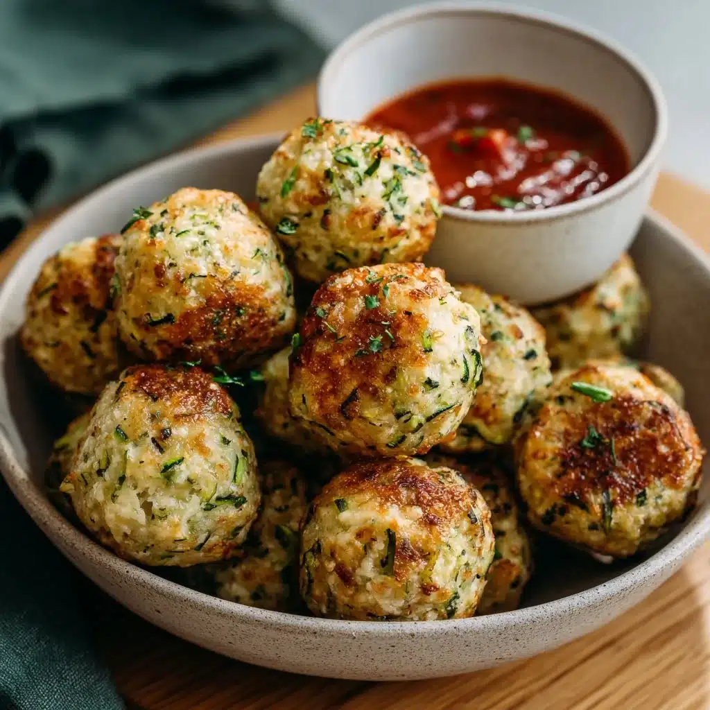 Boulettes de courgette cuites au four, saines et délicieuses, servies avec une sauce dip.