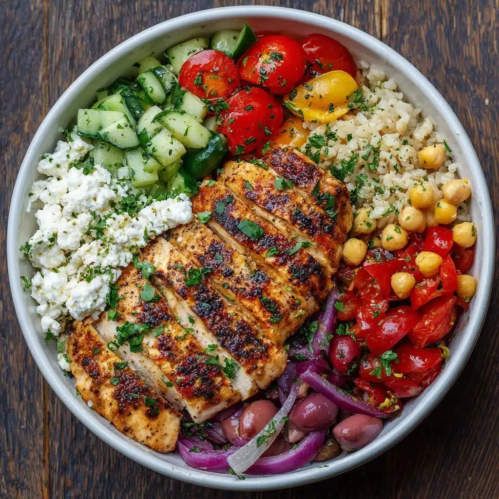 Bol méditerranéen au poulet grillé, rempli de légumes frais et de saveurs.
