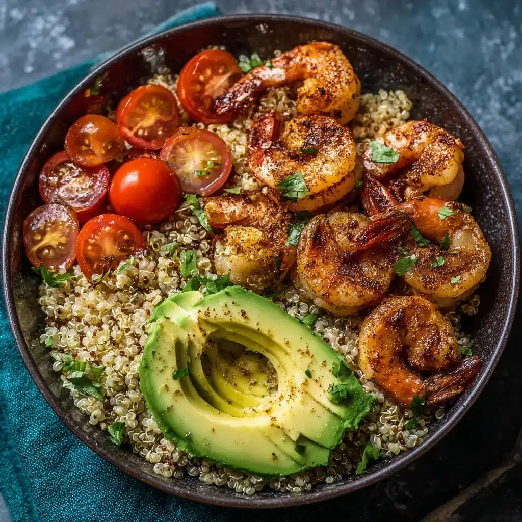 Bowl de quinoa avec avocat et crevettes, plat sain et délicieux