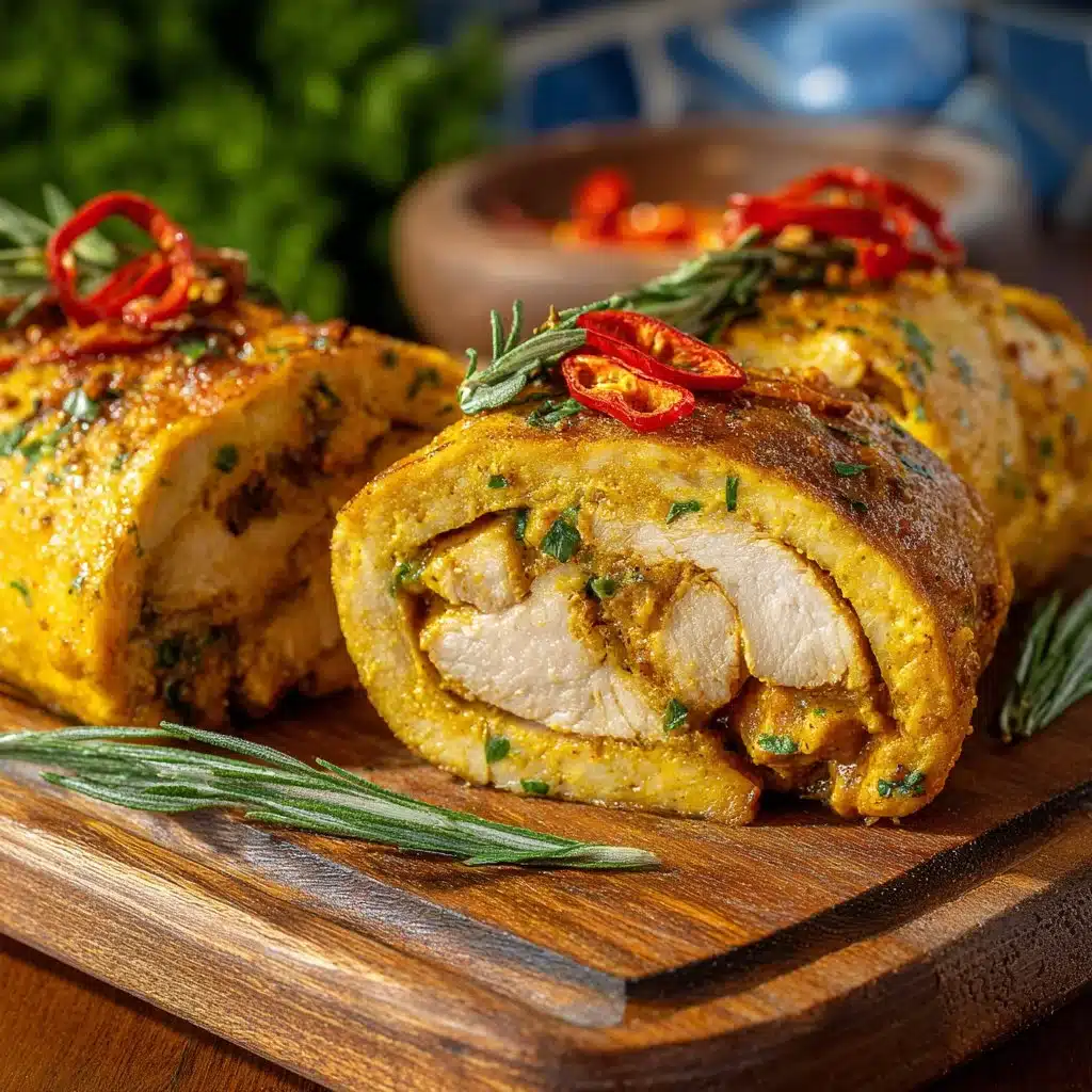 Bûche Salée au Poulet et Curry présentée sur une assiette garnie