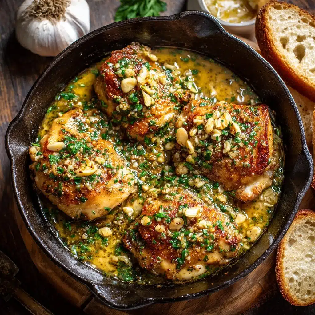 Poulet avec beurre à l'ail sur une assiette garnie d'herbes fraîches