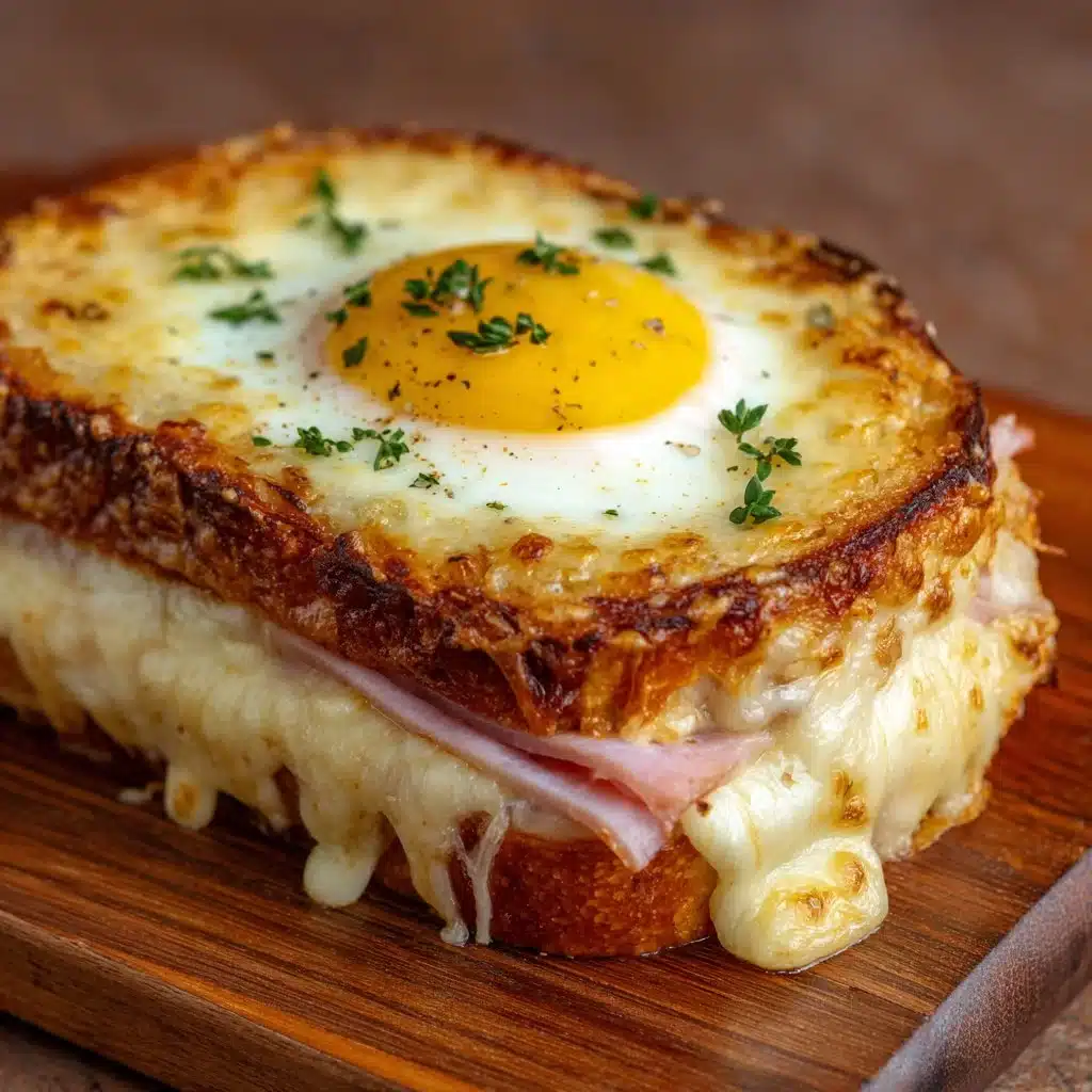 Croque Madame jambon fromage, un délicieux sandwich français avec œuf au plat.
