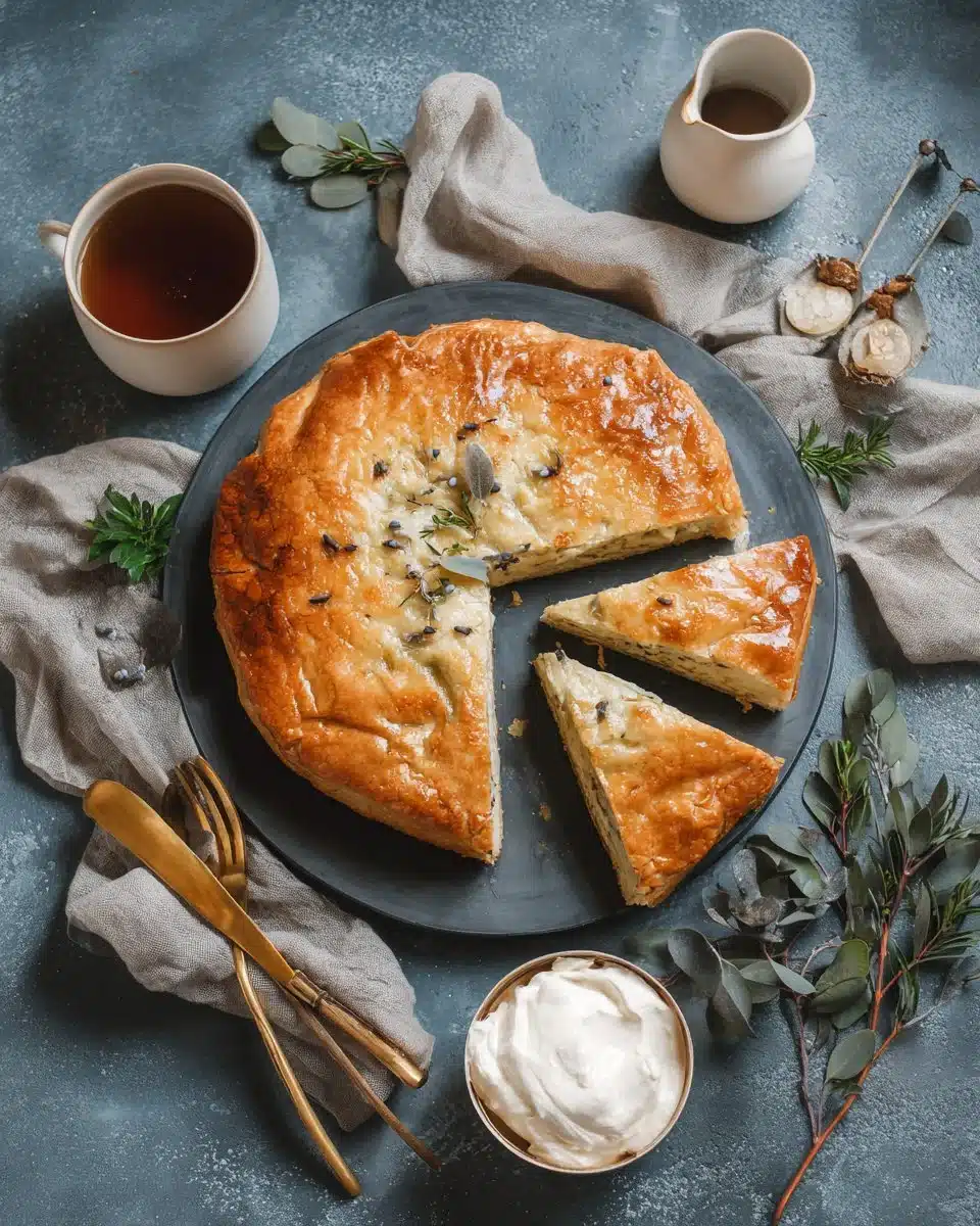 Galette au fromage cottage dorée et garnie, prête à être dégustée.