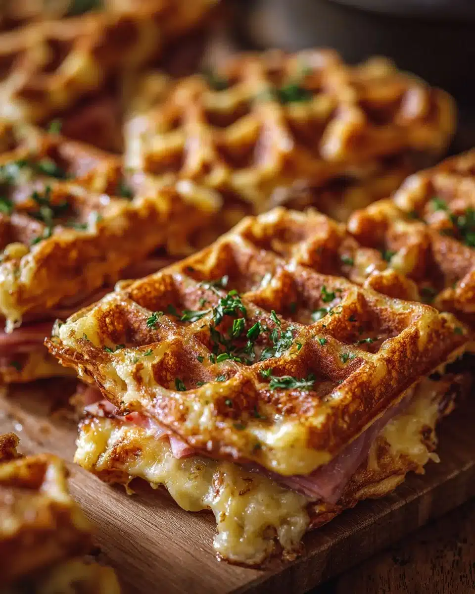Gaufres salées croustillantes au jambon et fromage prêtes à être dégustées.
