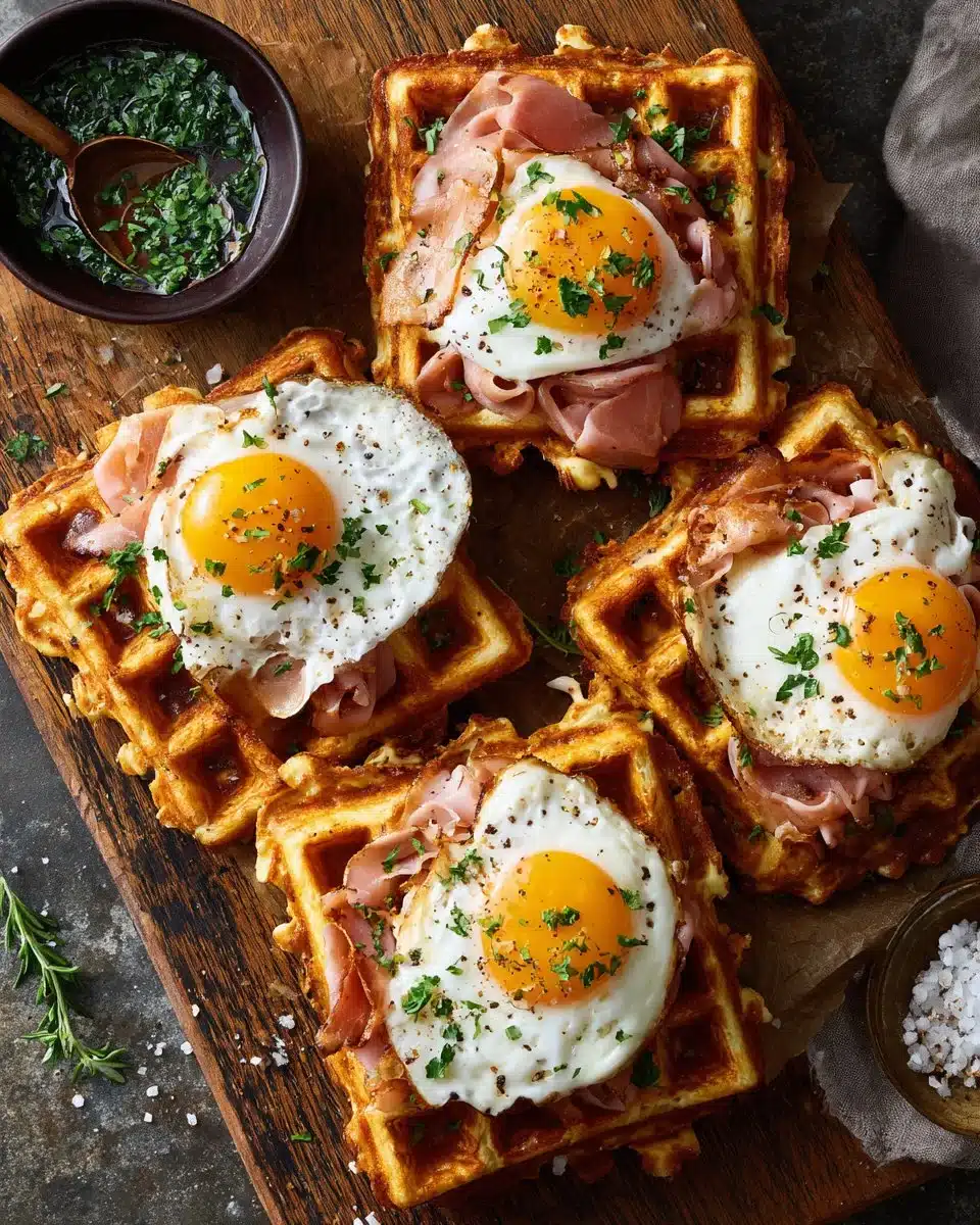 Gaufres salées croustillantes au jambon et fromage prêtes à déguster.