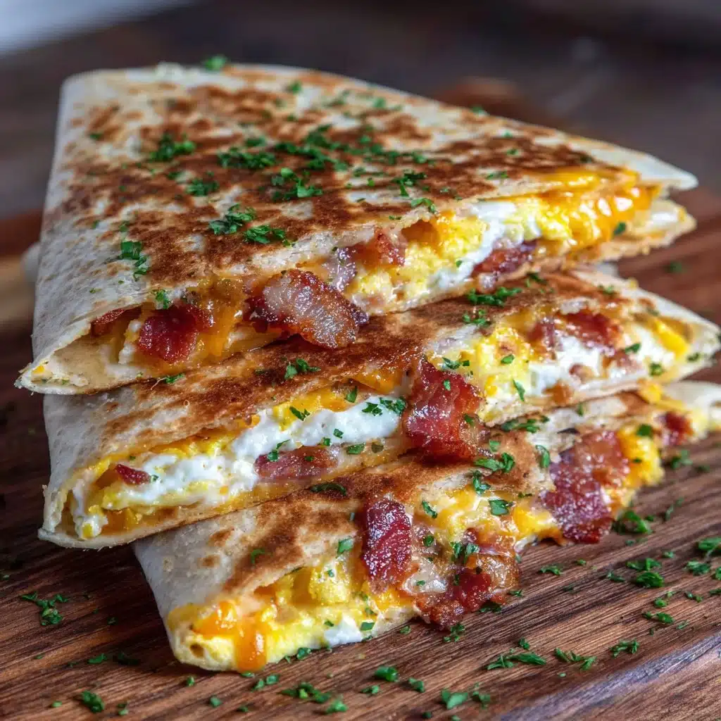 Quesadillas au petit-déjeuner avec bacon, œuf et fromage, prêtes à déguster.