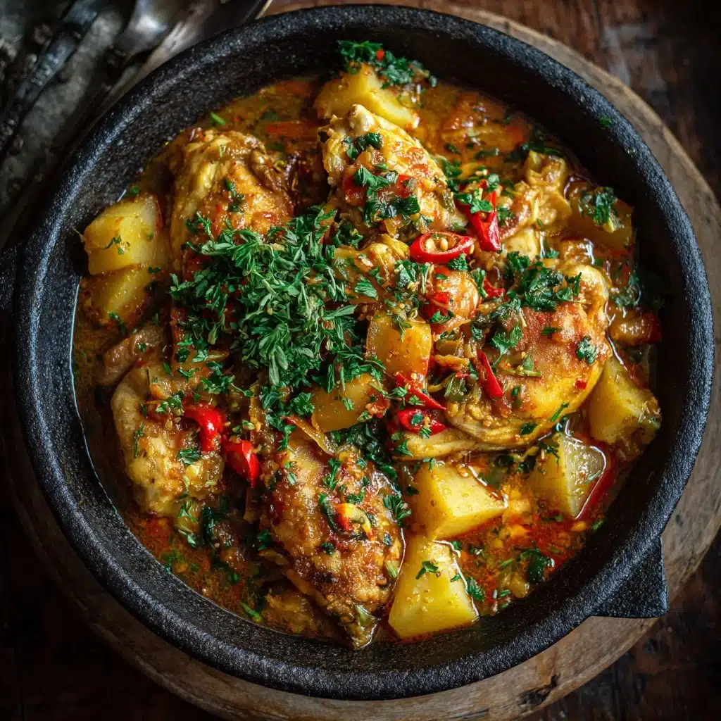 Mafé de Poulet savoureux servi avec du riz et des légumes frais.
