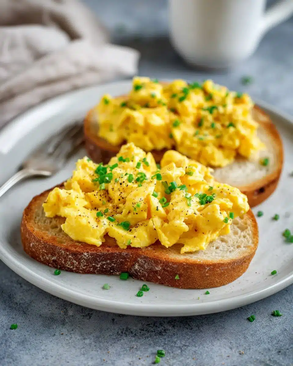 Œufs Brouillés 1 Recette d'œufs brouillés crémeux servie dans une assiette blanche