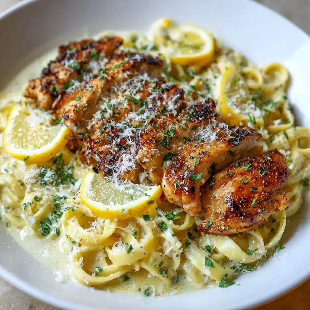 Poulet au beurre citronné et à l'ail avec pâtes crémeuses au parmesan.