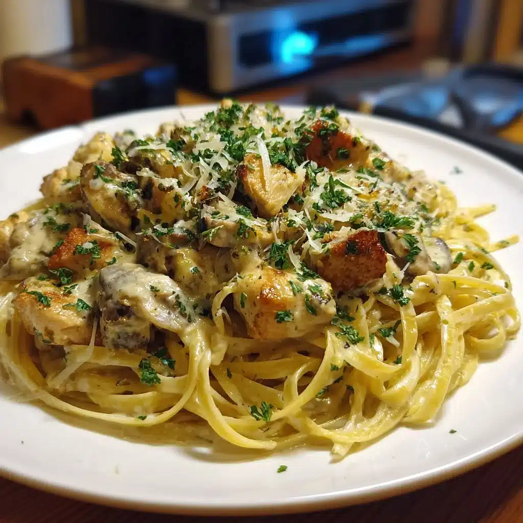 Plat de poulet crémeux linguine garni de persil frais