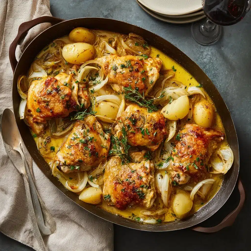 Recette de poulet doré mijoté aux herbes dans une cocotte.