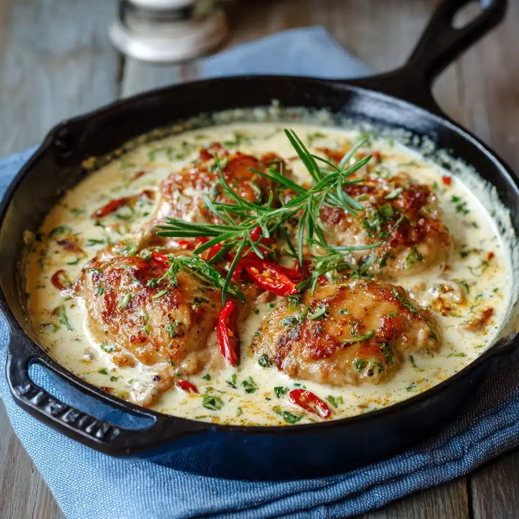 Plat de Poulet Flambé Crème servi avec sauce crémeuse et garnitures.