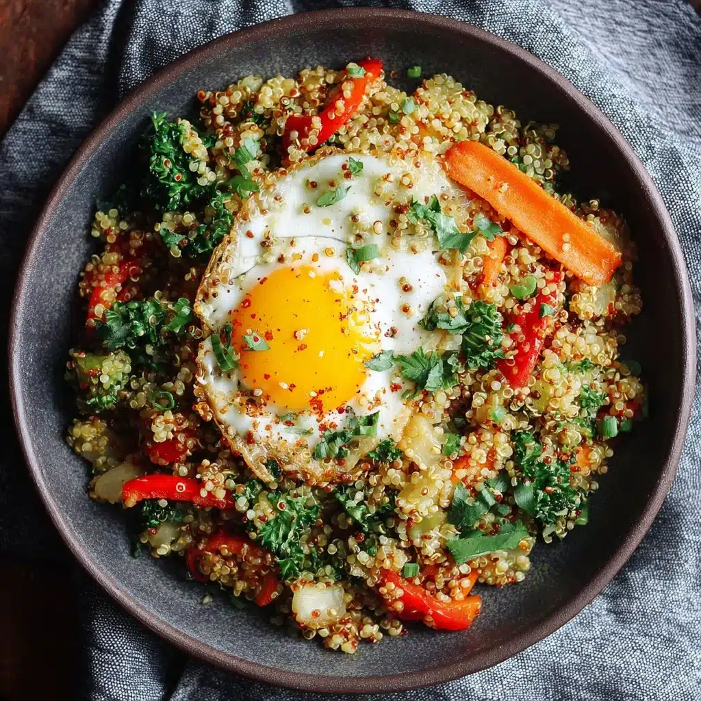 Quinoa sauté avec légumes frais et œuf, plat coloré et nutritif.