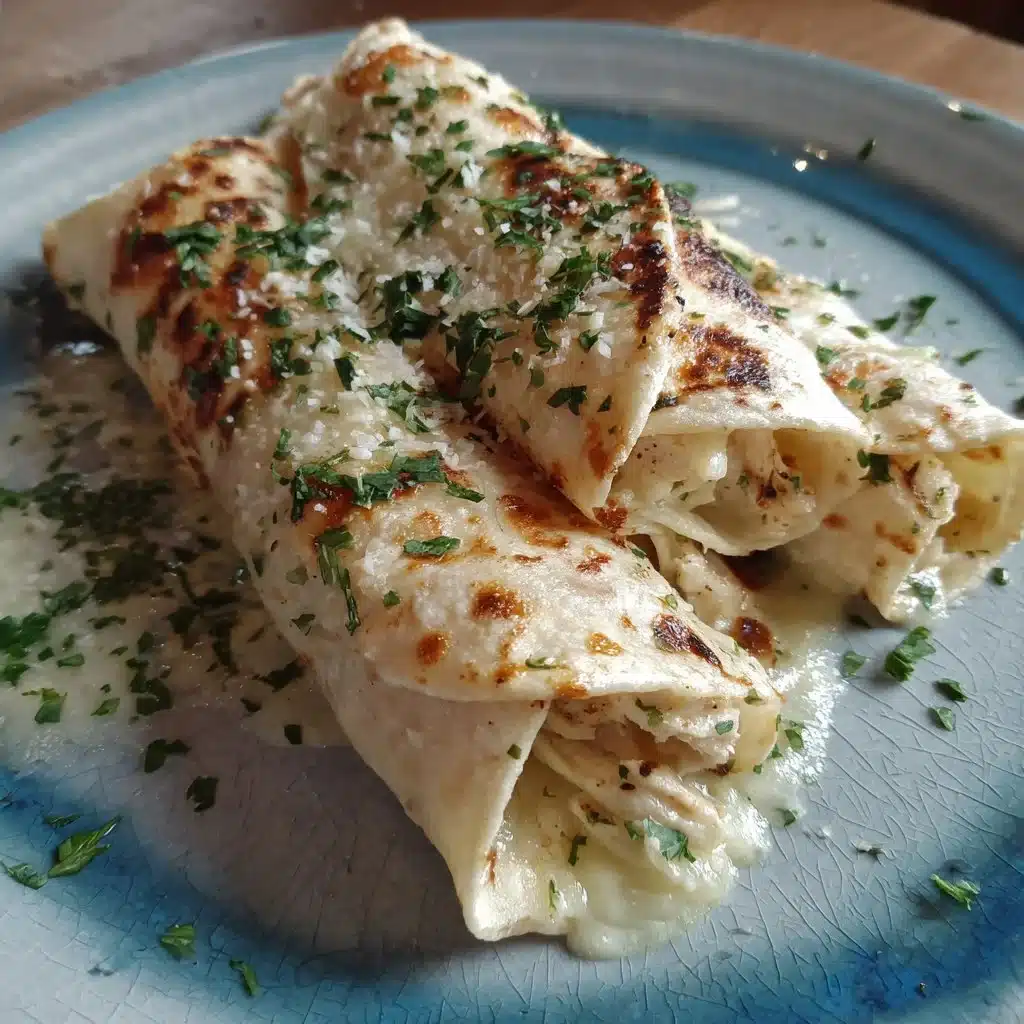 Roulés au poulet Alfredo au beurre d'ail sur une assiette garnie.