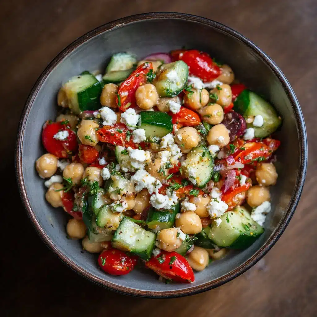 Salade de pois chiches à la grecque, fraîche et colorée, servie dans un bol.